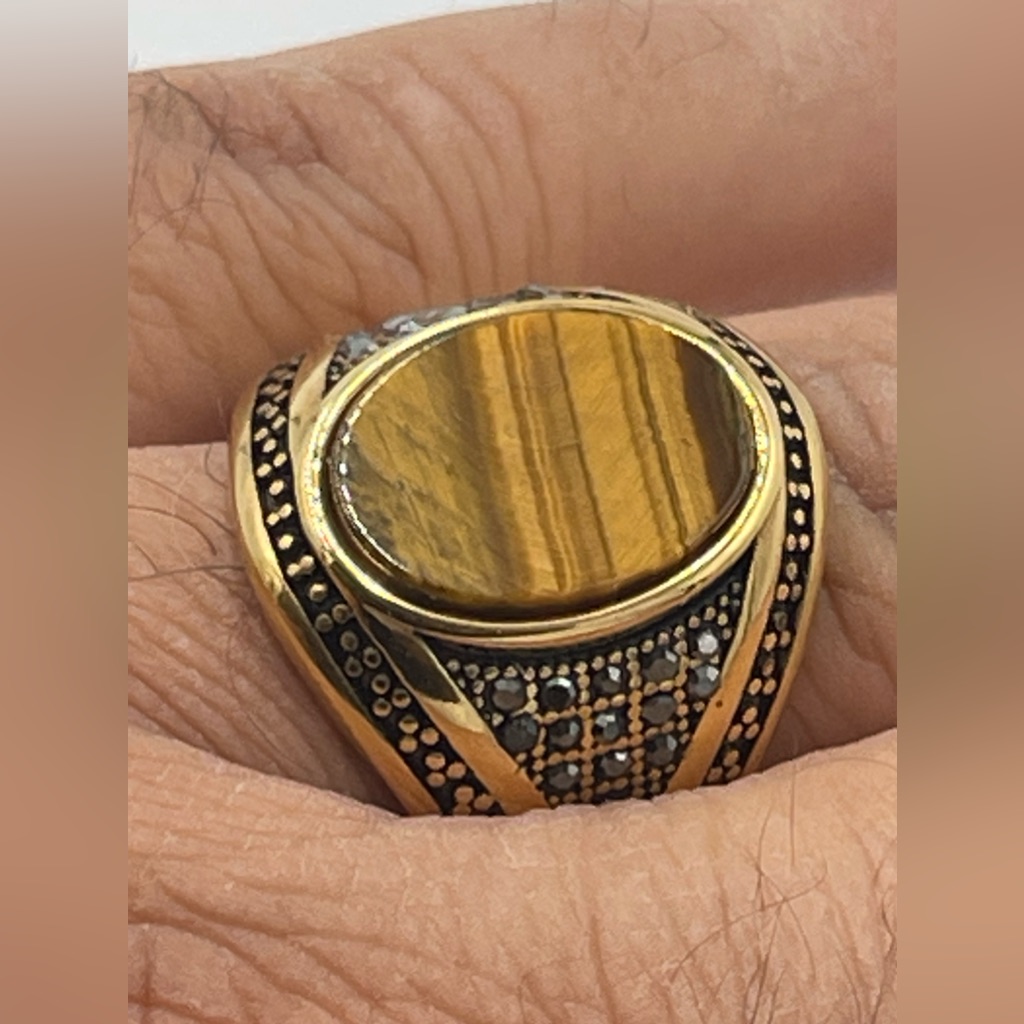 Gold Stainless Steel With SemiPrecious Tiger Eyes Stone